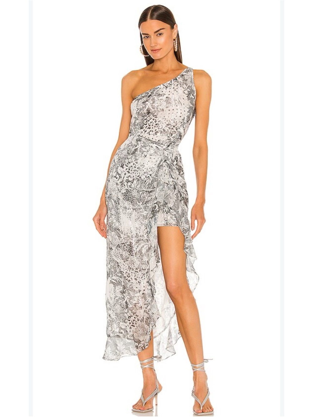 Rococo Sand Paola One Shoulder Maxi Dress in Metallic Black & White sz XS